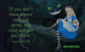 Image of Alice in Wonderland with the Cheshire Cat and Lewis Carroll's quote, "If you don't know where you are going, any road will get you there."