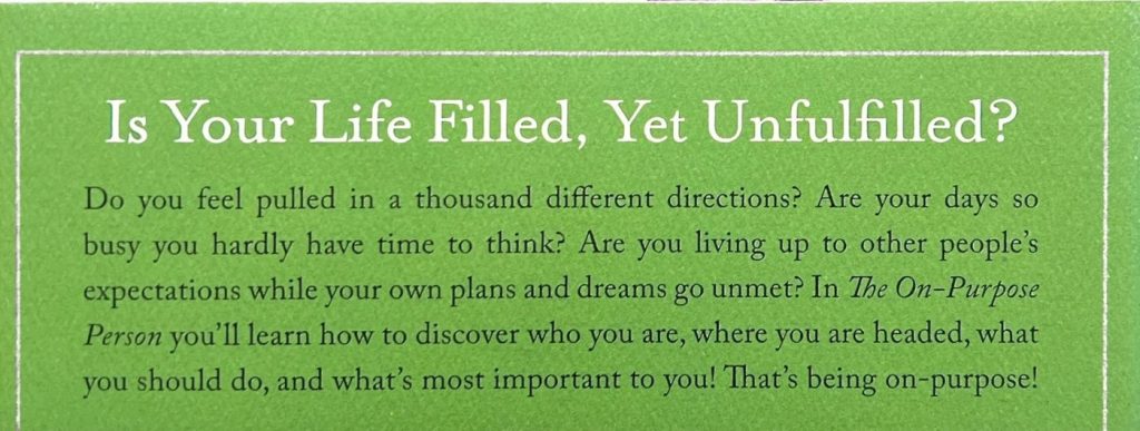 The top part of the back cover of "The On-Purpose Person"