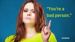 "You're a bad person," saying the woman shaking her finger in this image.